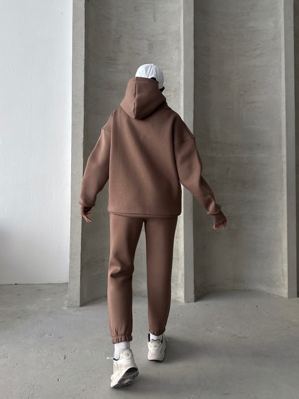 TKM-03630 Kahverengi Wake Up Kabartma Baskılı Kapüşonlu Sweatshirt Jogger Eşofman Üç İplik Şardonlu İkili Takım - 8