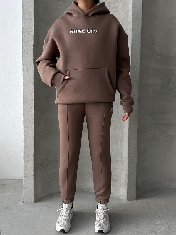 TKM-03630 Kahverengi Wake Up Kabartma Baskılı Kapüşonlu Sweatshirt Jogger Eşofman Üç İplik Şardonlu İkili Takım - 4