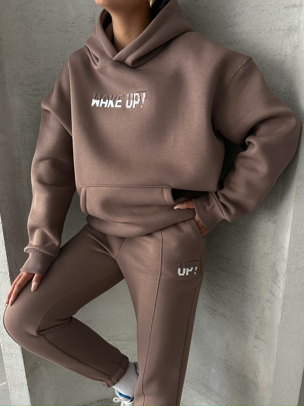 TKM-03630 Kahverengi Wake Up Kabartma Baskılı Kapüşonlu Sweatshirt Jogger Eşofman Üç İplik Şardonlu İkili Takım - 2