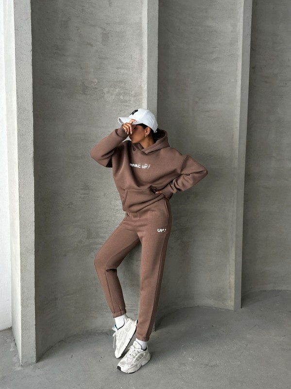TKM-03630 Kahverengi Wake Up Kabartma Baskılı Kapüşonlu Sweatshirt Jogger Eşofman Üç İplik Şardonlu İkili Takım - 1