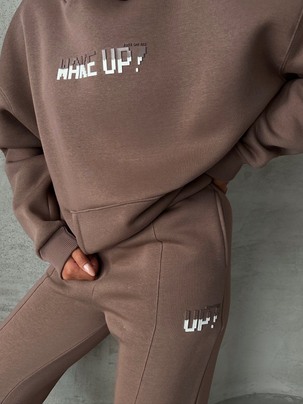 TKM-03630 Kahverengi Wake Up Kabartma Baskılı Kapüşonlu Sweatshirt Jogger Eşofman Üç İplik Şardonlu İkili Takım - 3
