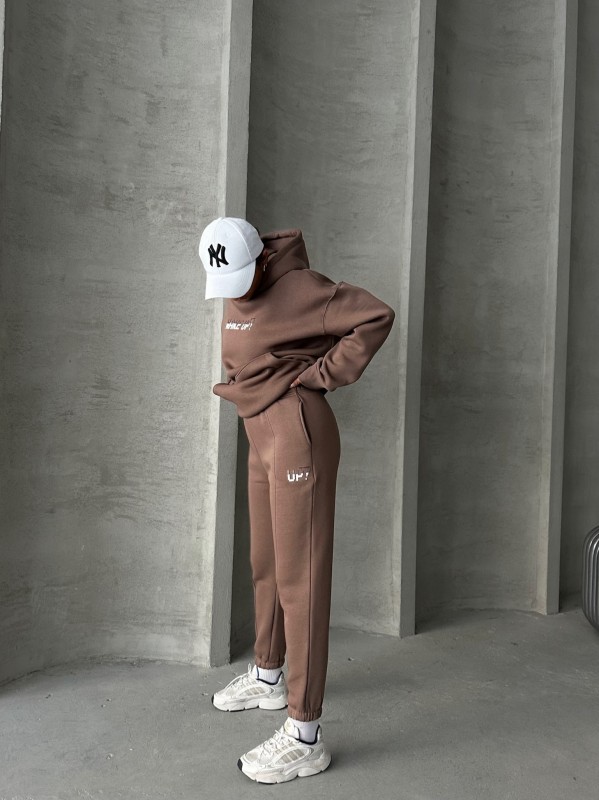 TKM-03630 Kahverengi Wake Up Kabartma Baskılı Kapüşonlu Sweatshirt Jogger Eşofman Üç İplik Şardonlu İkili Takım - 5