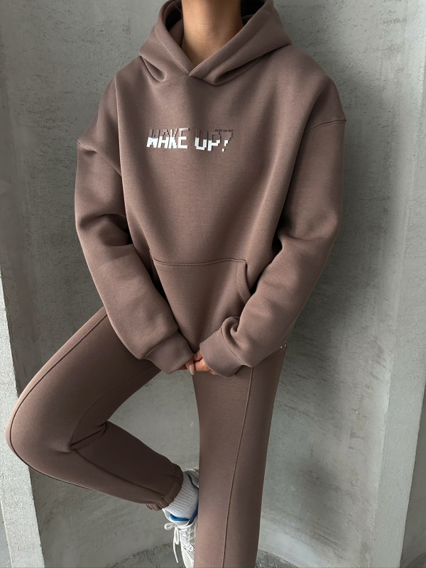 TKM-03630 Kahverengi Wake Up Kabartma Baskılı Kapüşonlu Sweatshirt Jogger Eşofman Üç İplik Şardonlu İkili Takım - 6