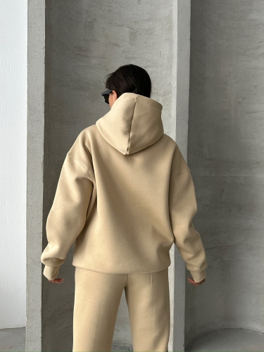 TKM-03630 Vizon Wake Up Kabartma Baskılı Kapüşonlu Sweatshirt Jogger Eşofman Üç İplik Şardonlu İkili Takım - 7