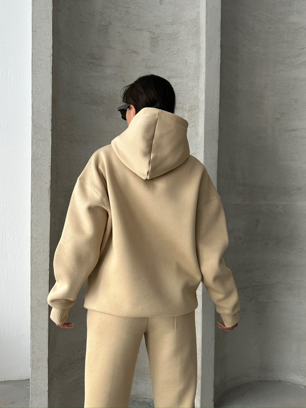 TKM-03630 Vizon Wake Up Kabartma Baskılı Kapüşonlu Sweatshirt Jogger Eşofman Üç İplik Şardonlu İkili Takım - 7