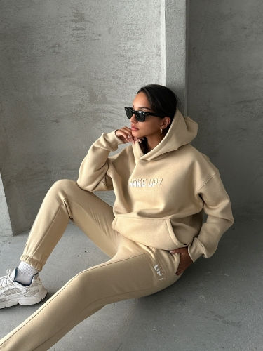 TKM-03630 Vizon Wake Up Kabartma Baskılı Kapüşonlu Sweatshirt Jogger Eşofman Üç İplik Şardonlu İkili Takım - Cappmoda