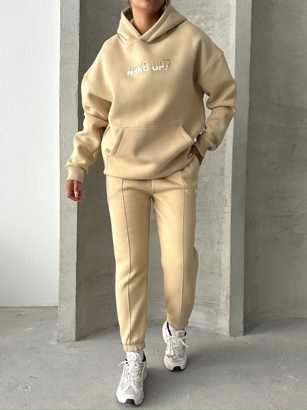 TKM-03630 Vizon Wake Up Kabartma Baskılı Kapüşonlu Sweatshirt Jogger Eşofman Üç İplik Şardonlu İkili Takım - 2