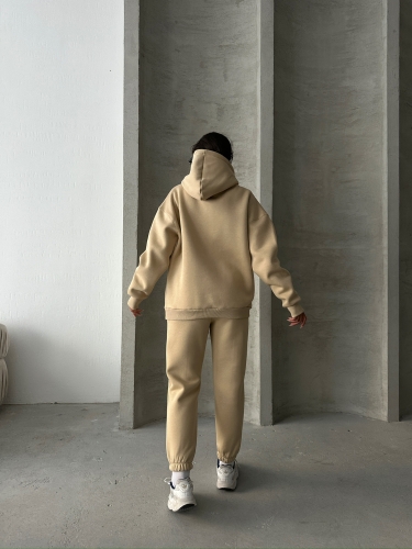 TKM-03630 Vizon Wake Up Kabartma Baskılı Kapüşonlu Sweatshirt Jogger Eşofman Üç İplik Şardonlu İkili Takım - 3