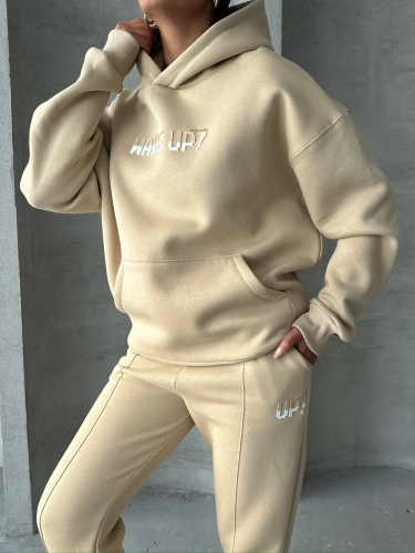 TKM-03630 Vizon Wake Up Kabartma Baskılı Kapüşonlu Sweatshirt Jogger Eşofman Üç İplik Şardonlu İkili Takım - 4