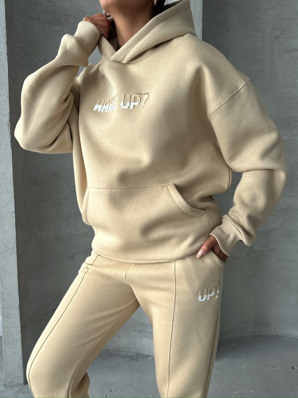 TKM-03630 Vizon Wake Up Kabartma Baskılı Kapüşonlu Sweatshirt Jogger Eşofman Üç İplik Şardonlu İkili Takım - 4