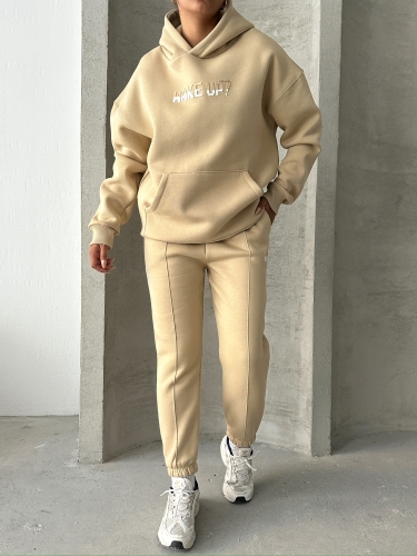 TKM-03630 Vizon Wake Up Kabartma Baskılı Kapüşonlu Sweatshirt Jogger Eşofman Üç İplik Şardonlu İkili Takım - 5