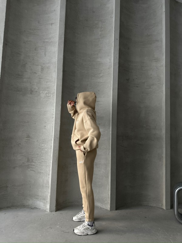 TKM-03630 Vizon Wake Up Kabartma Baskılı Kapüşonlu Sweatshirt Jogger Eşofman Üç İplik Şardonlu İkili Takım - 6