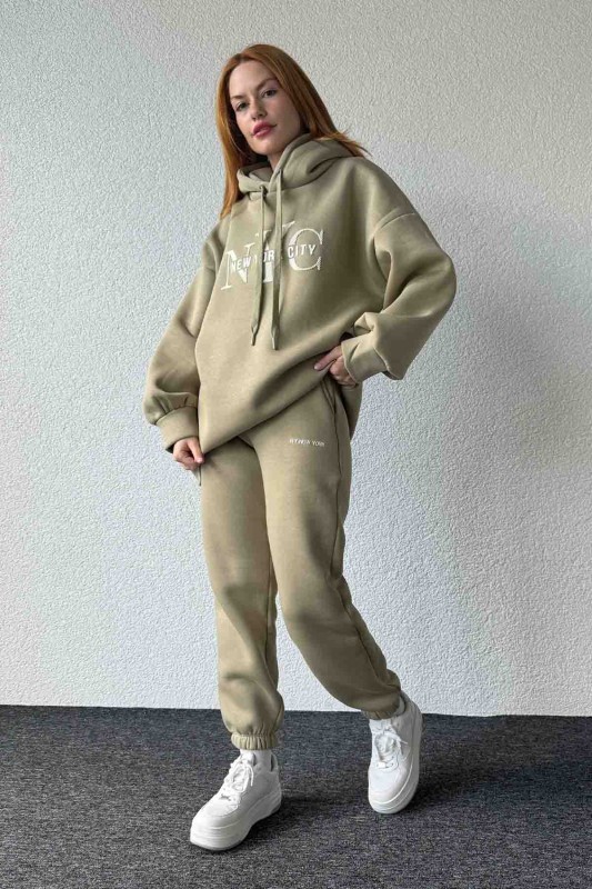 TKM-03631 Haki New York City Kabartma Baskılı Salaş Kapüşonlu Sweatshirt Jogger Eşofman İkili Takım - 1