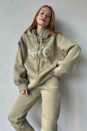 TKM-03631 Haki New York City Kabartma Baskılı Salaş Kapüşonlu Sweatshirt Jogger Eşofman İkili Takım - Cappmoda (1)