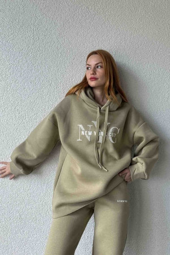 TKM-03631 Haki New York City Kabartma Baskılı Salaş Kapüşonlu Sweatshirt Jogger Eşofman İkili Takım - 4