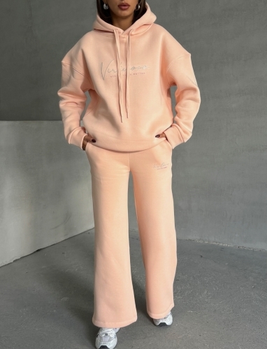 TKM-03633 Pudra Virtuoso Yazı Baskılı Kapüşonlu Sweatshirt Palazzo Eşofman Üç İplik Şardonlu İkili Takım - 3