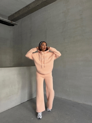 TKM-03633 Pudra Virtuoso Yazı Baskılı Kapüşonlu Sweatshirt Palazzo Eşofman Üç İplik Şardonlu İkili Takım - 4