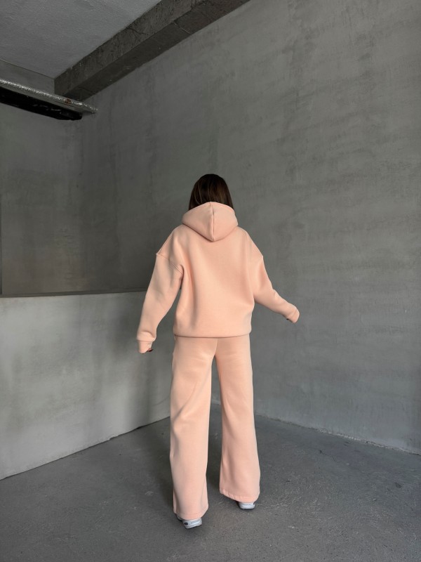 TKM-03633 Pudra Virtuoso Yazı Baskılı Kapüşonlu Sweatshirt Palazzo Eşofman Üç İplik Şardonlu İkili Takım - 8