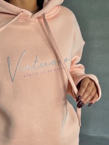 TKM-03633 Pudra Virtuoso Yazı Baskılı Kapüşonlu Sweatshirt Palazzo Eşofman Üç İplik Şardonlu İkili Takım - 5