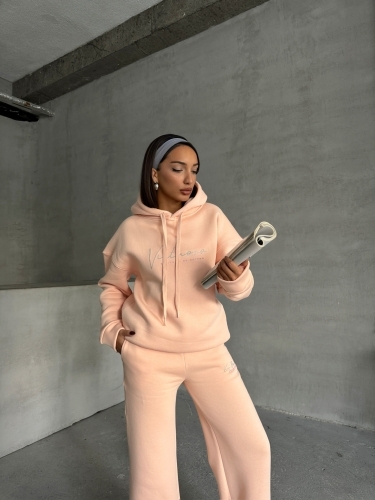 TKM-03633 Pudra Virtuoso Yazı Baskılı Kapüşonlu Sweatshirt Palazzo Eşofman Üç İplik Şardonlu İkili Takım - 6