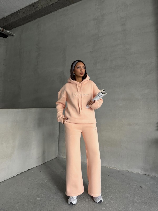 TKM-03633 Pudra Virtuoso Yazı Baskılı Kapüşonlu Sweatshirt Palazzo Eşofman Üç İplik Şardonlu İkili Takım - 7