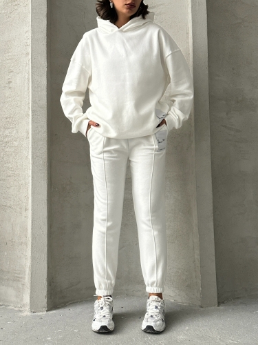 TKM-03634 Beyaz Etiket Detaylı Kapüşonlu Sweatshirt Çimalı Jogger İki İplik Şardonlu İkili Takım - 5