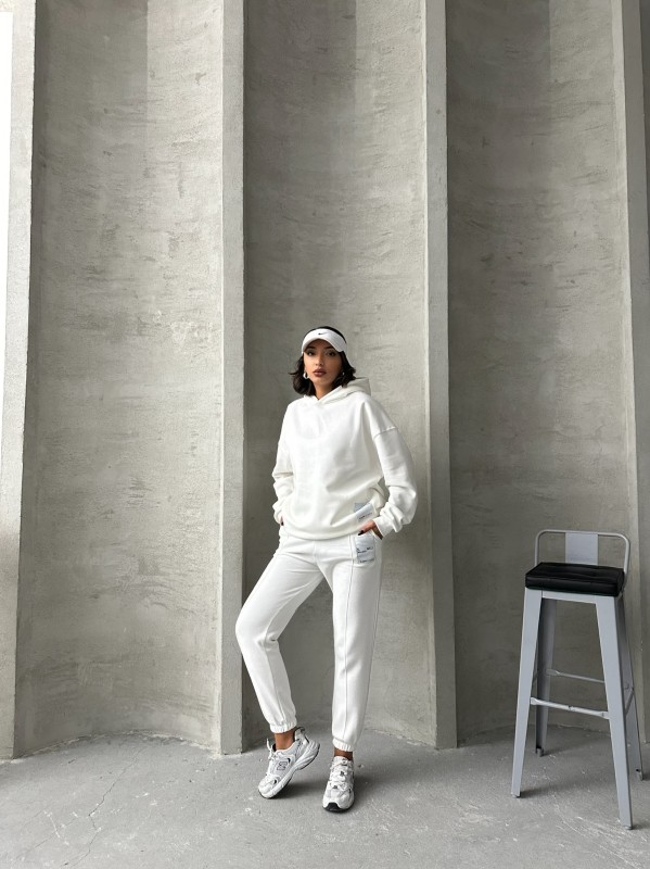 TKM-03634 Beyaz Etiket Detaylı Kapüşonlu Sweatshirt Çimalı Jogger İki İplik Şardonlu İkili Takım - 1