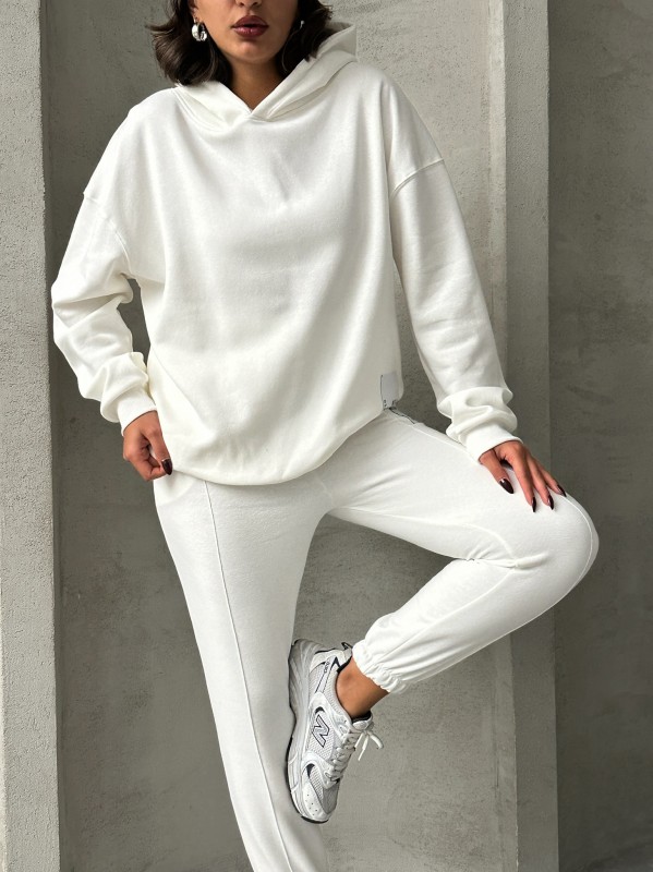 TKM-03634 Beyaz Etiket Detaylı Kapüşonlu Sweatshirt Çimalı Jogger İki İplik Şardonlu İkili Takım - 3