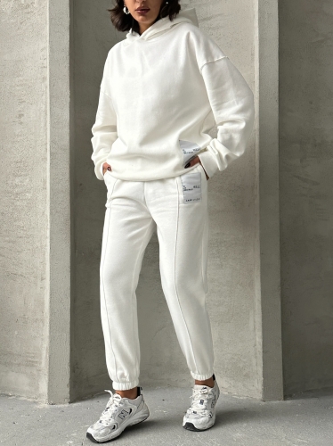 TKM-03634 Beyaz Etiket Detaylı Kapüşonlu Sweatshirt Çimalı Jogger İki İplik Şardonlu İkili Takım - 6