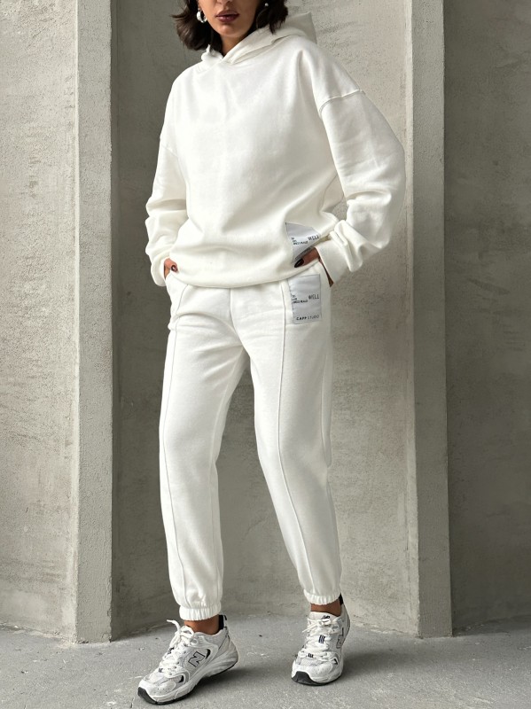 TKM-03634 Beyaz Etiket Detaylı Kapüşonlu Sweatshirt Çimalı Jogger İki İplik Şardonlu İkili Takım - 6