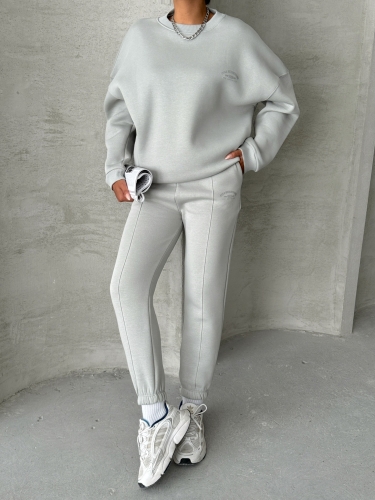 TKM-03635 Boyama Gri Style Yazı Baskılı Oversize Sweatshirt Çimalı Eşofman Üç İplik Şardonlu İkili Takım - 2