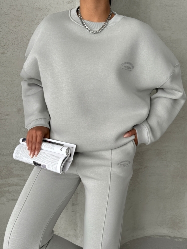 TKM-03635 Boyama Gri Style Yazı Baskılı Oversize Sweatshirt Çimalı Eşofman Üç İplik Şardonlu İkili Takım - 3