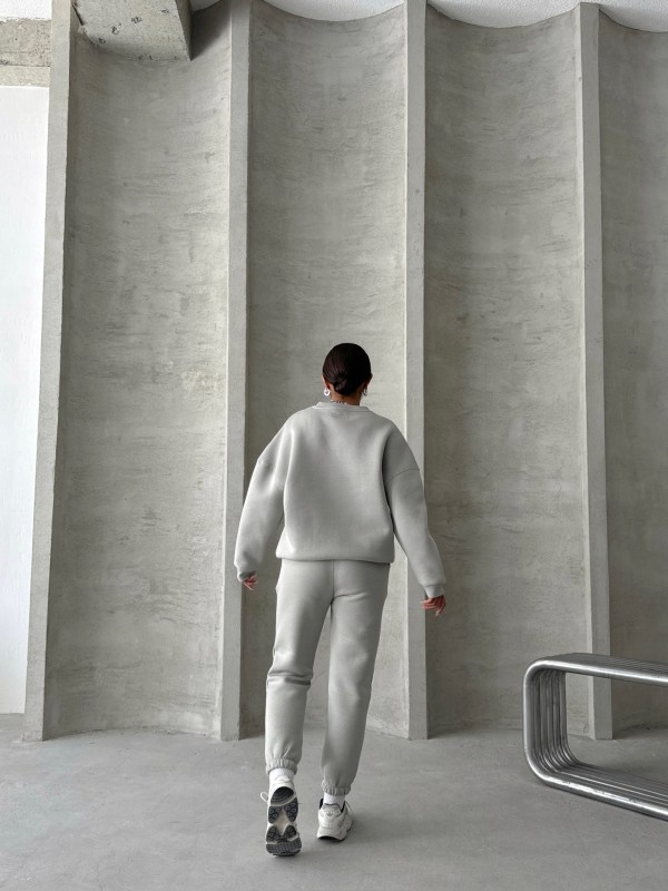 TKM-03635 Boyama Gri Style Yazı Baskılı Oversize Sweatshirt Çimalı Eşofman Üç İplik Şardonlu İkili Takım - 6