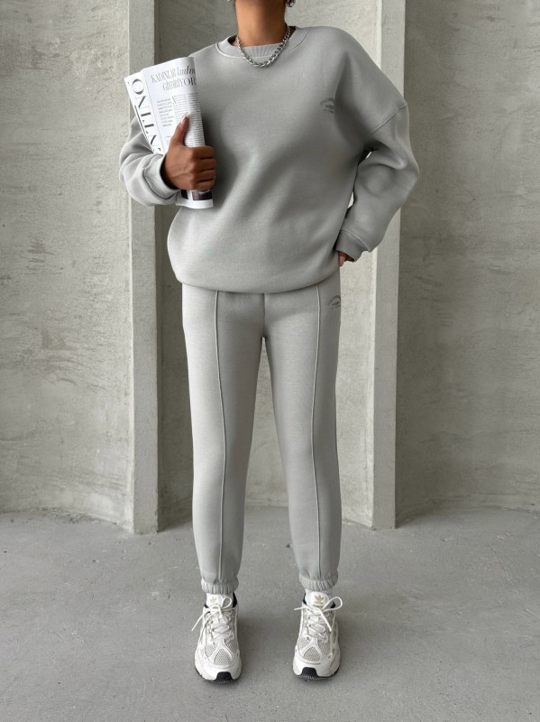 TKM-03635 Boyama Gri Style Yazı Baskılı Oversize Sweatshirt Çimalı Eşofman Üç İplik Şardonlu İkili Takım - 5