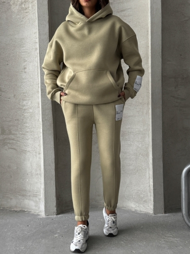 TKM-03637 Haki Etiket Detaylı Kapüşonlu Sweatshirt Çimalı Eşofman Üç İplik Şardonlu İkili Takım - 3