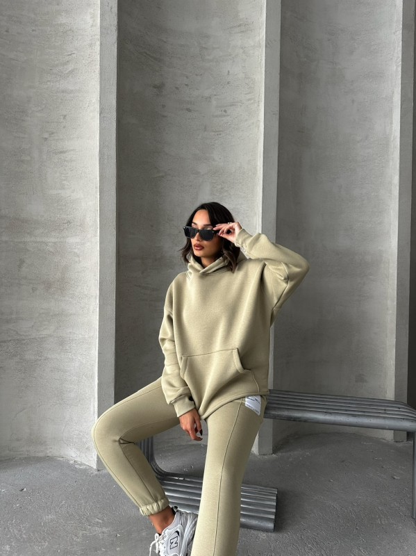 TKM-03637 Haki Etiket Detaylı Kapüşonlu Sweatshirt Çimalı Eşofman Üç İplik Şardonlu İkili Takım - 4