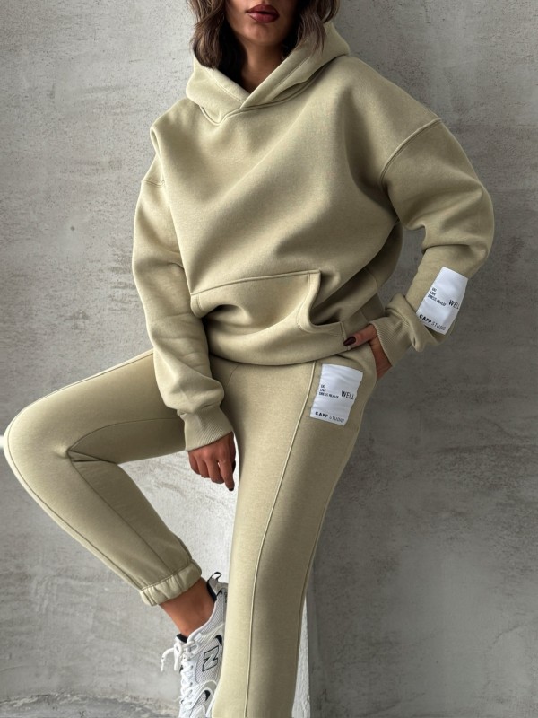 TKM-03637 Haki Etiket Detaylı Kapüşonlu Sweatshirt Çimalı Eşofman Üç İplik Şardonlu İkili Takım - 2