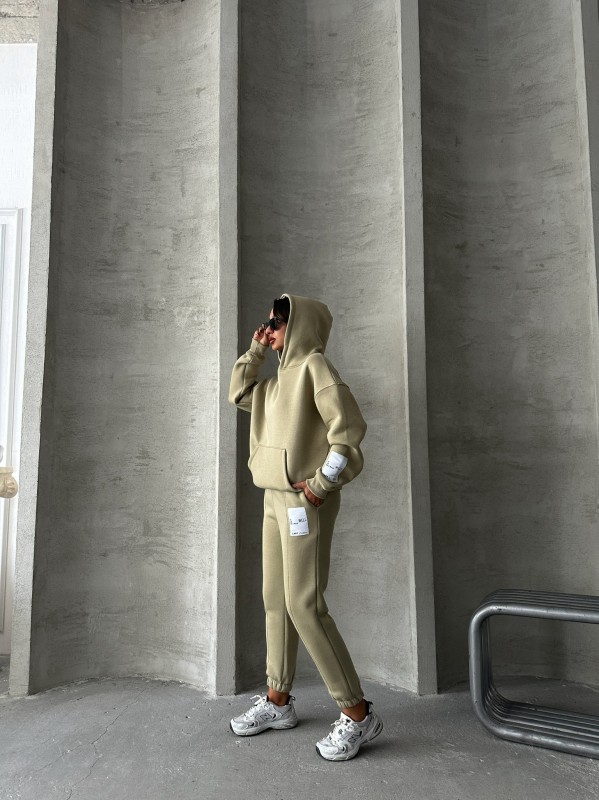 TKM-03637 Haki Etiket Detaylı Kapüşonlu Sweatshirt Çimalı Eşofman Üç İplik Şardonlu İkili Takım - 6