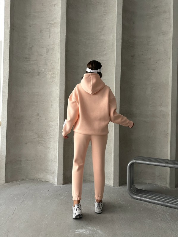 TKM-03637 Pudra Etiket Detaylı Kapüşonlu Sweatshirt Çimalı Eşofman Üç İplik Şardonlu İkili Takım - 6