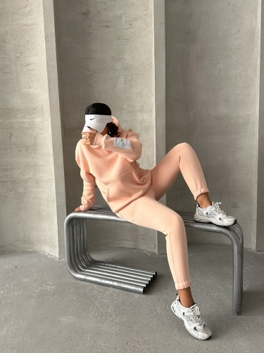 TKM-03637 Pudra Etiket Detaylı Kapüşonlu Sweatshirt Çimalı Eşofman Üç İplik Şardonlu İkili Takım - 4