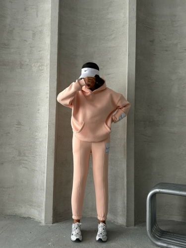 TKM-03637 Pudra Etiket Detaylı Kapüşonlu Sweatshirt Çimalı Eşofman Üç İplik Şardonlu İkili Takım - 5