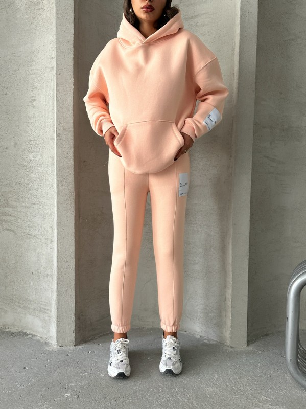 TKM-03637 Pudra Etiket Detaylı Kapüşonlu Sweatshirt Çimalı Eşofman Üç İplik Şardonlu İkili Takım - 3