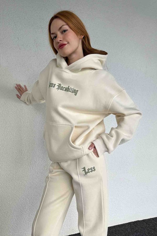 TKM-03643 Ekru Less Kabartma Yazı Baskılı Kapüşonlu Sweatshirt Jogger Üç İplik Şardonlu İkili Takım - 3