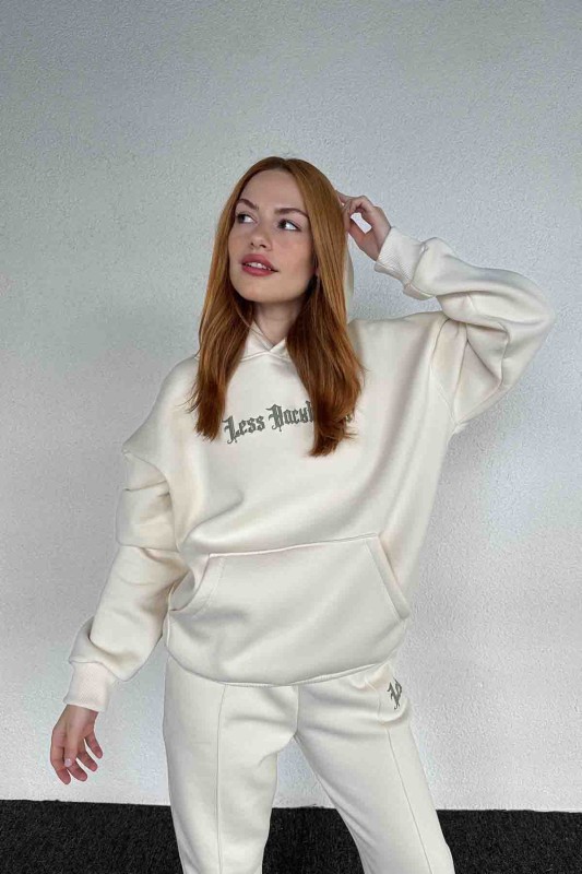 TKM-03643 Ekru Less Kabartma Yazı Baskılı Kapüşonlu Sweatshirt Jogger Üç İplik Şardonlu İkili Takım - 2