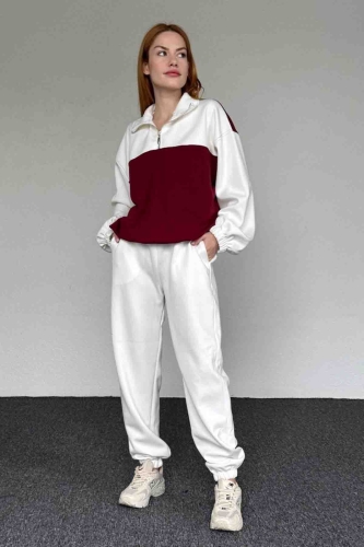TKM-03650 Beyaz Bordo Blok Renkli Modal Kumaş Fermuarlı Salaş Sweatshirt Jogger Eşofman İkili Takım