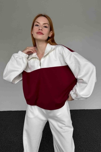 TKM-03650 Beyaz Bordo Blok Renkli Modal Kumaş Fermuarlı Salaş Sweatshirt Jogger Eşofman İkili Takım (1)