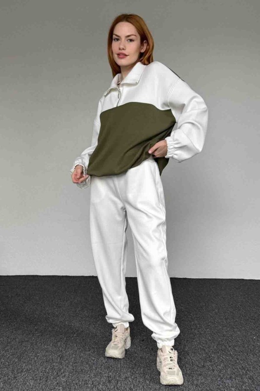 TKM-03650 Beyaz Haki Blok Renkli Modal Kumaş Fermuarlı Salaş Sweatshirt Jogger Eşofman İkili Takım - 1