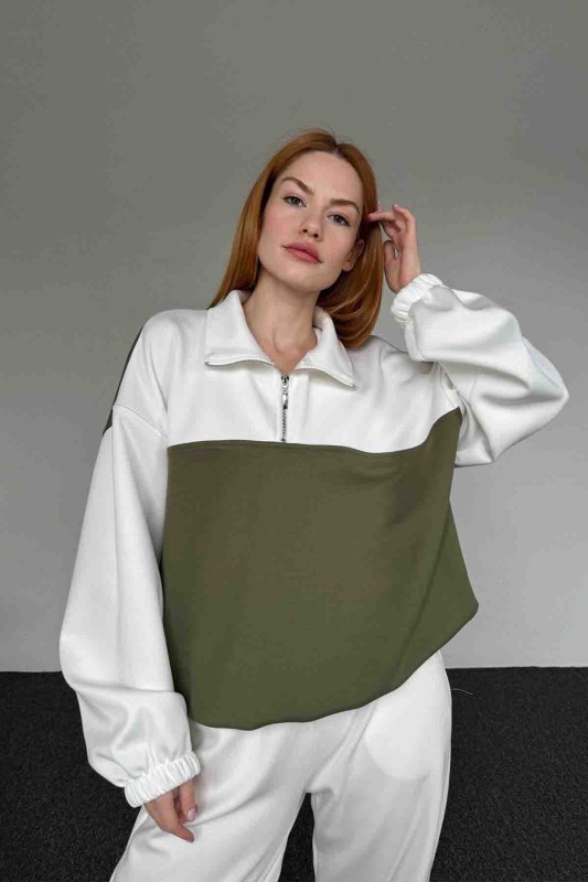 TKM-03650 Beyaz Haki Blok Renkli Modal Kumaş Fermuarlı Salaş Sweatshirt Jogger Eşofman İkili Takım - 2