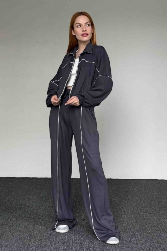 TKM-03651 Füme Çizgili Modal Kumaş Fermuarlı Hırka Salaş Eşofman İkili Takım