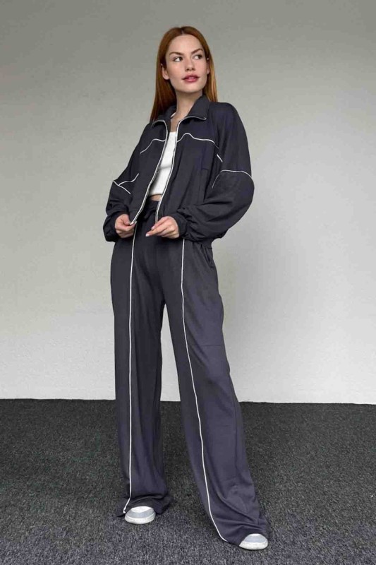 TKM-03651 Füme Çizgili Modal Kumaş Fermuarlı Hırka Salaş Eşofman İkili Takım - 1